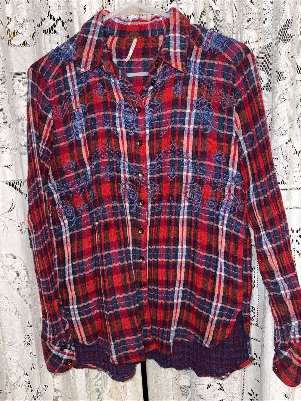 Free People Red Plaid Button-Down Shirt with Blue Embroidery